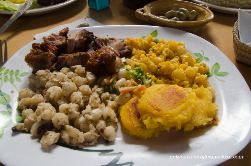 The Chancho came with mote, a hominy-like corn, cooked in two different styles, Mote Sucio (Dirty Hominy) and Mote Pillo (Naughty Mote) as well as llapingachos (mashed-potato pancakes) and a small salad of broccoli, carrot, and beans.